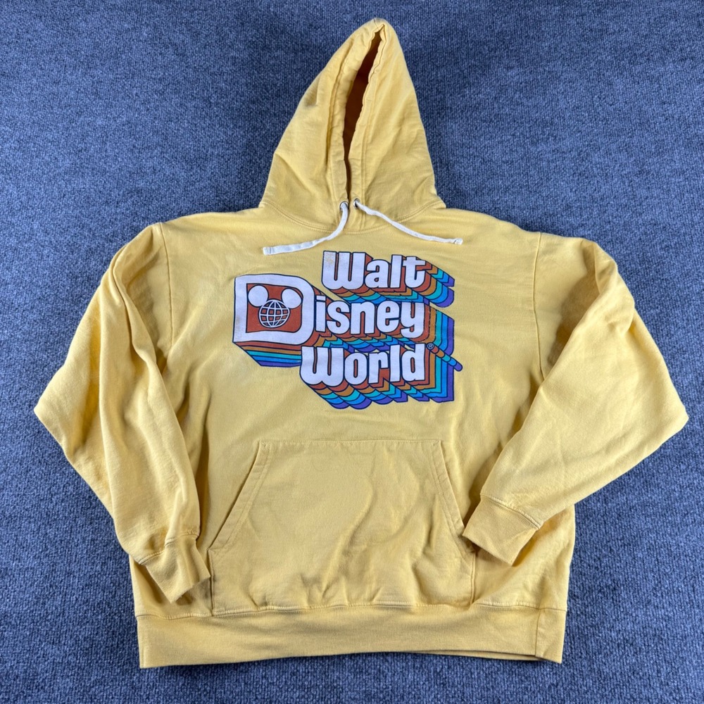 Walt Disney World Hoodie Yellow Retro Rainbow Logo Pullover Sweatshirt Large